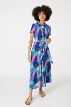 Feather Print Maxi Shirt Dress -Hallmark Style D165487 MULTI BLUE 2