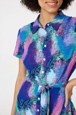 Feather Print Maxi Shirt Dress -Hallmark Style D165487 MULTI BLUE 4