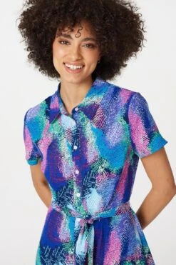 Feather Print Maxi Shirt Dress -Hallmark Style D165487 MULTI BLUE 5