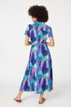 Feather Print Maxi Shirt Dress -Hallmark Style D165487 MULTI BLUE 6