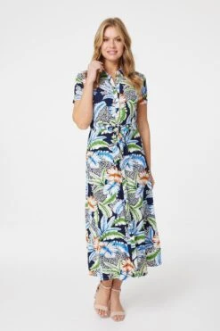 Tropical Leaf Print Shirt Dress