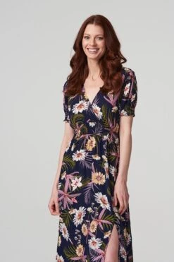 Floral Shirred Detail Midi Dress -Hallmark Style D165496 NAVY 3