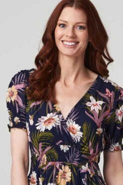 Floral Shirred Detail Midi Dress -Hallmark Style D165496 NAVY 4