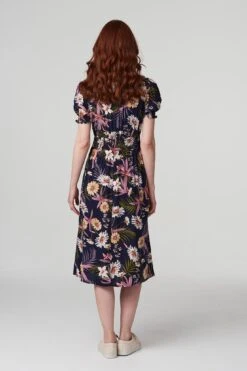 Floral Shirred Detail Midi Dress -Hallmark Style D165496 NAVY 6