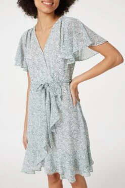 Printed Flare Sleeve Wrap Dress -Hallmark Style D165511 GREEN 4