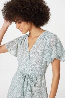 Printed Flare Sleeve Wrap Dress -Hallmark Style D165511 GREEN 5