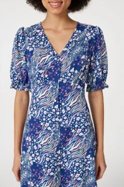 Patchwork Print Midi Tea Dress -Hallmark Style D165612 MULTI NAVY 3