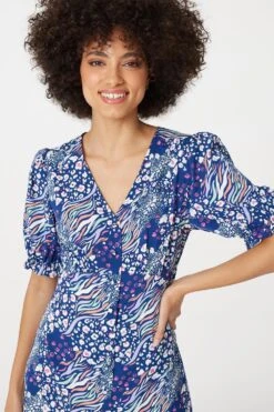 Patchwork Print Midi Tea Dress -Hallmark Style D165612 MULTI NAVY 4