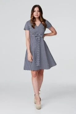 Striped Tie Front Skater Dress 8 Striped Tie Front Skater Dress -Hallmark Style D165630 NAVY AND WHITE 2