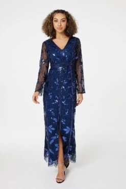 Sequin Long Sleeve Maxi Dress -Hallmark Style D165752 NAVY 1