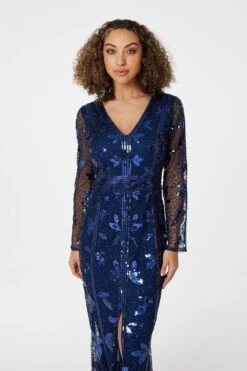 Sequin Long Sleeve Maxi Dress -Hallmark Style D165752 NAVY 3