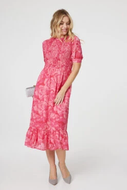 Floral Puff Sleeve Shirred Midi Dress -Hallmark Style D165777 PINK 1