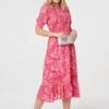Floral Puff Sleeve Shirred Midi Dress -Hallmark Style D165777 PINK 2
