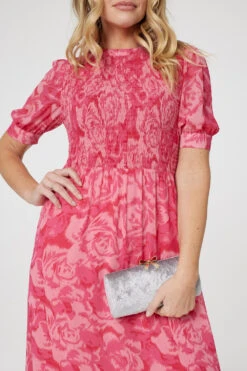 Floral Puff Sleeve Shirred Midi Dress -Hallmark Style D165777 PINK 5