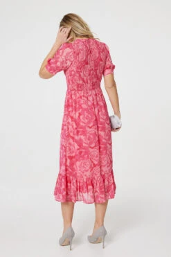 Floral Puff Sleeve Shirred Midi Dress -Hallmark Style D165777 PINK 7