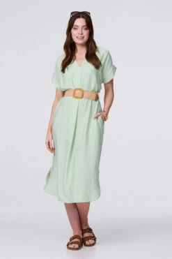 V-Neck Short Sleeve Belted Tunic Dress -Hallmark Style D165778 GREEN 1