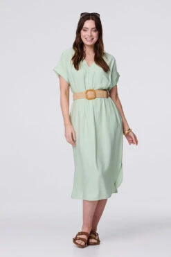 V-Neck Short Sleeve Belted Tunic Dress -Hallmark Style D165778 GREEN 2