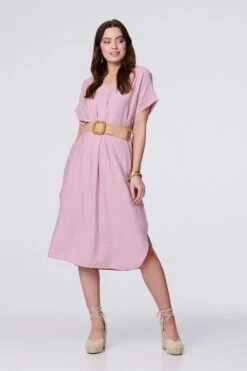 V-Neck Short Sleeve Belted Tunic Dress -Hallmark Style D165778 PINK 2