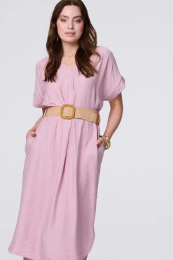 V-Neck Short Sleeve Belted Tunic Dress -Hallmark Style D165778 PINK 3