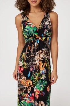Tropical Print Empire Maxi Dress -Hallmark Style D165794 MULTI BLACK 3
