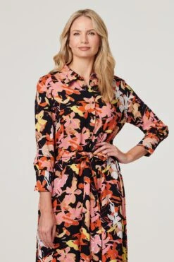 Floral Split Detail Shirt Dress -Hallmark Style D165948 RED 3
