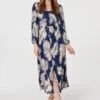 Feather Print Split Front Dress -Hallmark Style D165949 NAVY 1