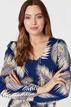 Feather Print Split Front Dress -Hallmark Style D165949 NAVY 3