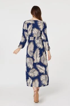 Feather Print Split Front Dress -Hallmark Style D165949 NAVY 4