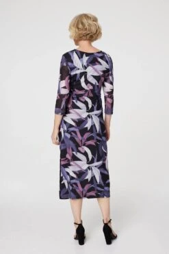 Leaf Print Fitted Midi Dress -Hallmark Style D165953 BLACK 10