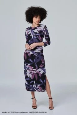 Leaf Print Fitted Midi Dress -Hallmark Style D165953 BLACK 2