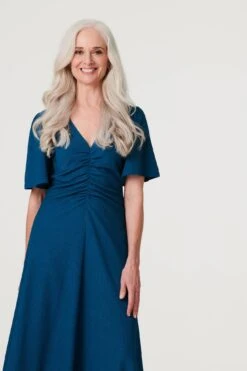 Plain Ruched Front Midi Dress -Hallmark Style D165962 BLUE 2
