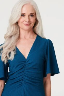 Plain Ruched Front Midi Dress -Hallmark Style D165962 BLUE 3