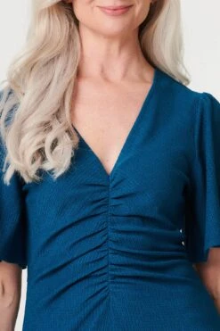 Plain Ruched Front Midi Dress -Hallmark Style D165962 BLUE 4