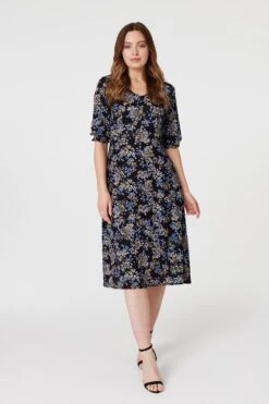 Floral Frill Neck Midi Dress -Hallmark Style D166082 MULTI BLACK 1
