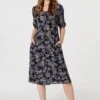 Floral Frill Neck Midi Dress