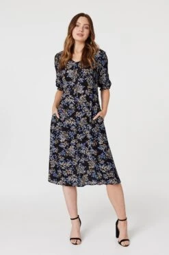 Floral Frill Neck Midi Dress