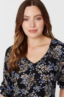 Floral Frill Neck Midi Dress -Hallmark Style D166082 MULTI BLACK 4