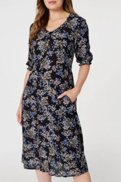 Floral Frill Neck Midi Dress -Hallmark Style D166082 MULTI BLACK 5