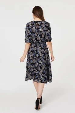 Floral Frill Neck Midi Dress -Hallmark Style D166082 MULTI BLACK 6