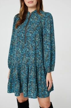 Floral Zip Front Short Dress -Hallmark Style D166085 MULTI GREEN 5