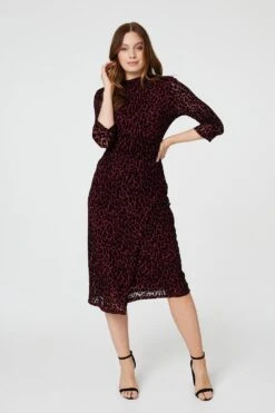 Leopard Print Bodycon Midi Dress -Hallmark Style D166090 WINE 2