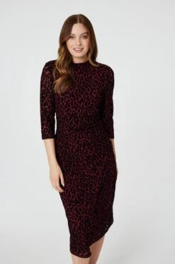 Leopard Print Bodycon Midi Dress -Hallmark Style D166090 WINE 3