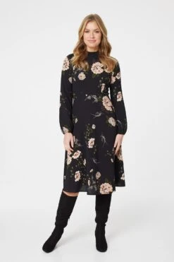 Rose Print Long Sleeve Midi Dress 13 Rose Print Long Sleeve Midi Dress -Hallmark Style D166109 BLACK 1