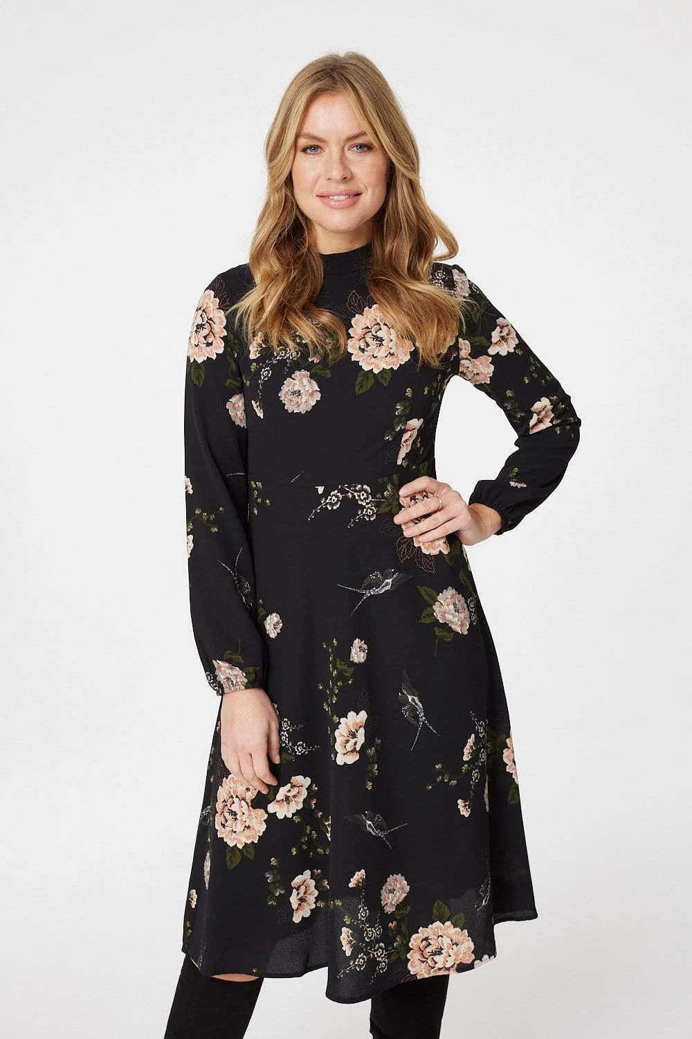 Rose Print Long Sleeve Midi Dress 5 Rose Print Long Sleeve Midi Dress - Image 3