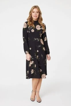 Rose Print Long Sleeve Midi Dress 14 Rose Print Long Sleeve Midi Dress -Hallmark Style D166109 BLACK 6
