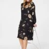 Rose Print Long Sleeve Midi Dress -Hallmark Style D166109 BLACK 8