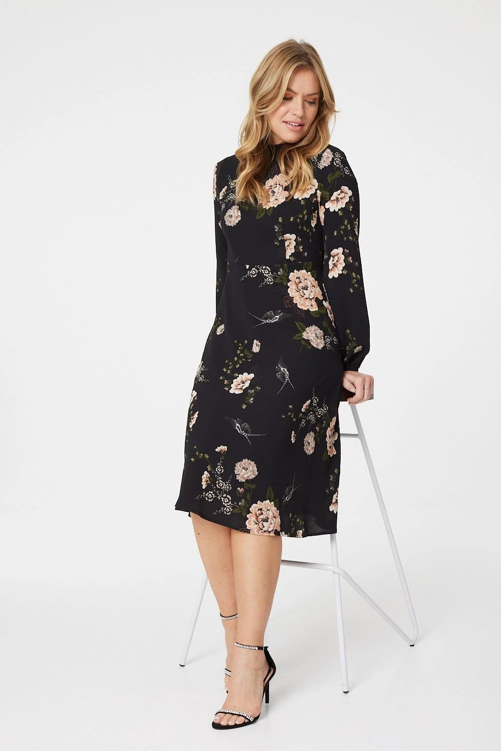 Rose Print Long Sleeve Midi Dress 3 Rose Print Long Sleeve Midi Dress