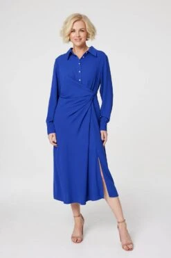 Twist Front Midi Shirt Dress -Hallmark Style D166238 BLUE 2