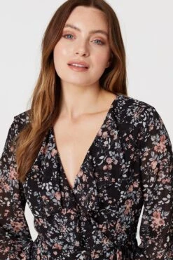 Floral High Low Wrap Midi Dress 11 Floral High Low Wrap Midi Dress -Hallmark Style D166240 BLACK 4