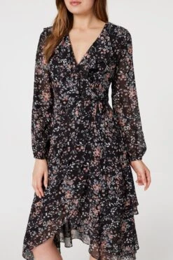 Floral High Low Wrap Midi Dress 12 Floral High Low Wrap Midi Dress -Hallmark Style D166240 BLACK 5